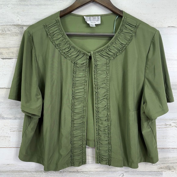 Julian Taylor New York Jacket Olive Green Ruffle Front Short Sleeve 18W Business - Picture 1 of 9